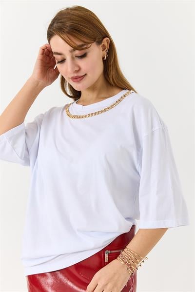 Kadın Yakası Gold Zincirli Bisiklet Yaka Tshirt Beyaz