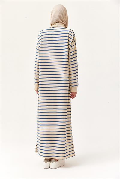 Yarım Fermuar Çizgili Uzun Elbise Lacivert