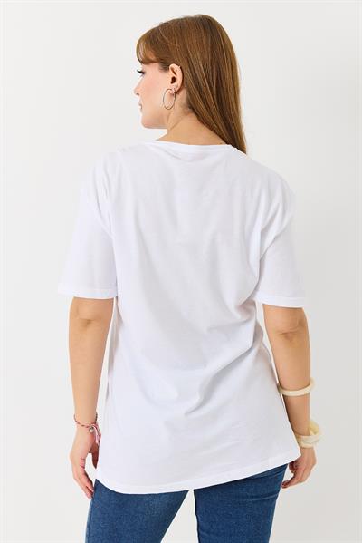 Kadın Parlak Baskılı Bisiklet Yaka Tshirt Beyaz