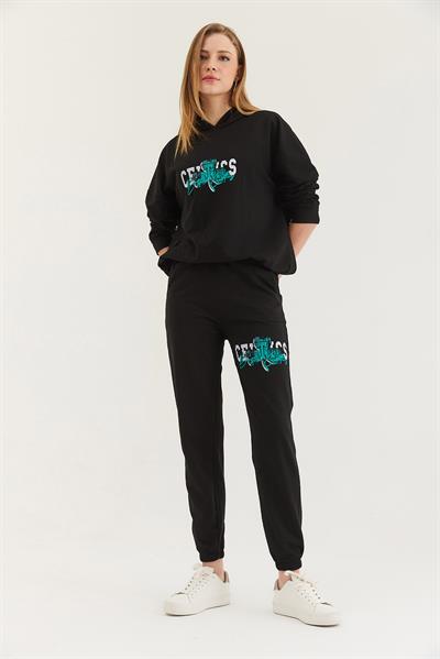 Kapüşonlu Baskılı Eşofman Takım Siyah