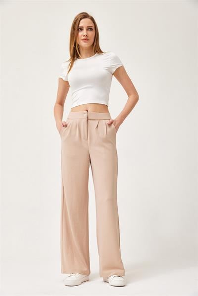 Yüksek Bel Cepli Palazzo Pantolon Krem