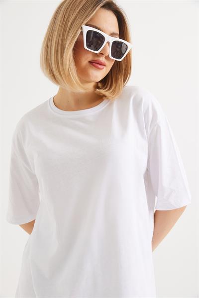 Oversize Bisiklet Yaka Basic Tshirt Beyaz