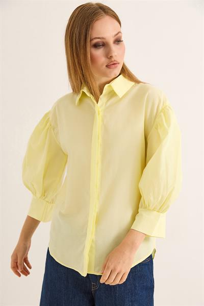 Balon Kol Bol Kesin Kadın Gömlek Sarı