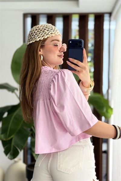 Kadın Bisiklet Yaka Göğsü Gipeli Kısa Kol Crop Bluz Pembe