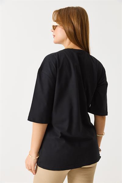 Kadın Bol Kesim Bisiklet Yaka Kısa Kol Tshirt Siyah