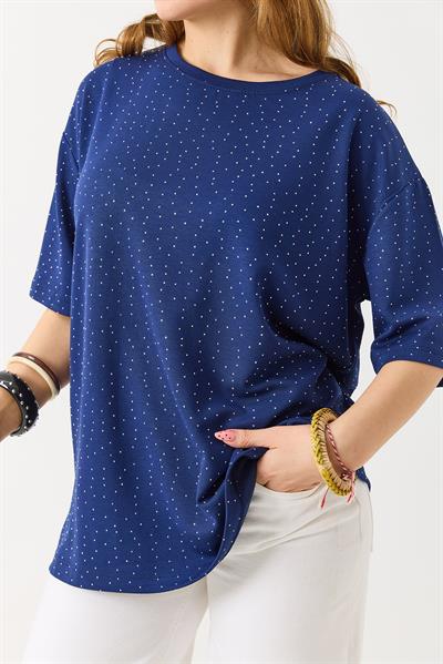 Kadın Taş Detaylı Bsiklet Yaka Oversize Tshirt Lacivert