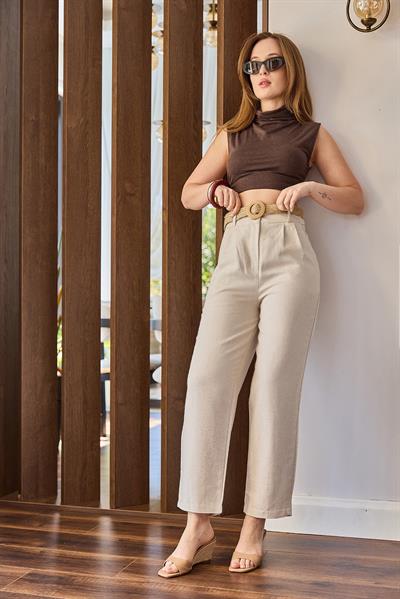 Regular Kesim Kadın Keten Pantolon Bej