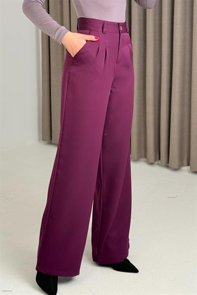 Yüksek Bel Bol Paça Kumaş Pantalon Mor