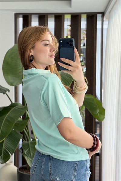 Kadın Vatkalı Polo Yaka Tshirt Yeşil