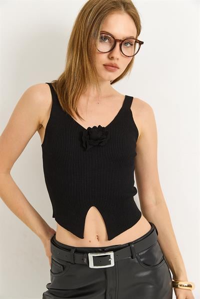 Gül Motifli Triko Crop Bluz Siyah