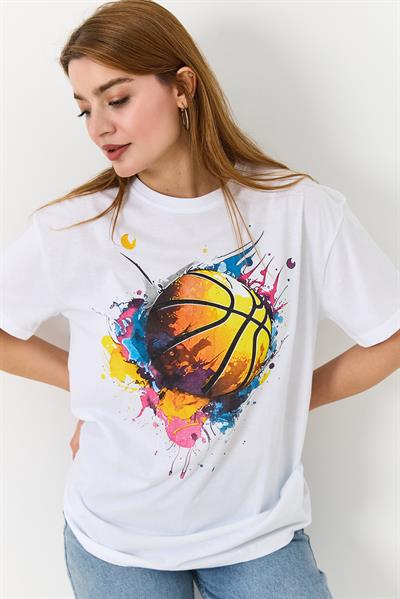 Kadın Basketbol Grafik Baskılı Günlük Tshirt  Beyaz
