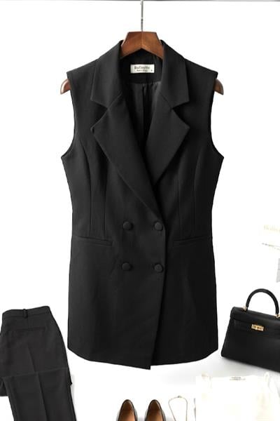 Kadın Kruvaze Yaka Düğmeli Kolsuz Yelek Siyah