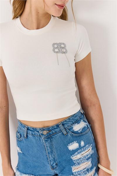 Kadın  Kısa Kollu Taşlı Crop Bluz Ekru