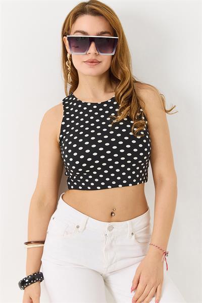Kadın Poliyemid Kumaş Puantiyeli Crop Bluz  Siyah