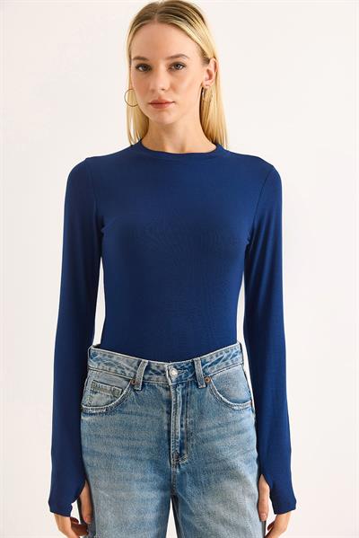 Kadın Parmak Geçirmeli Uzun Kollu Düz BLuz Lacivert