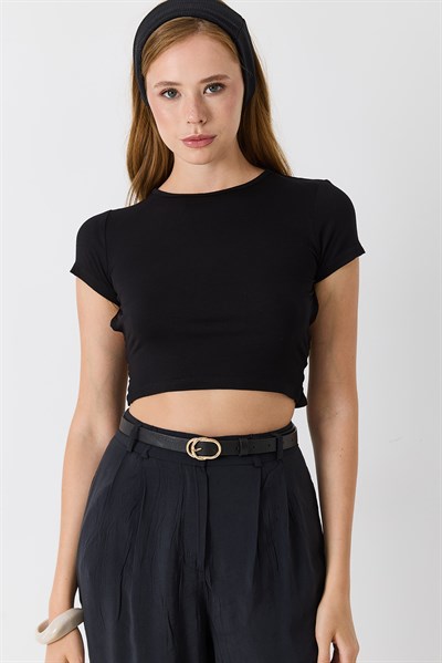 Kadın Bisiklet Yaka Sırt Dekolteli Crop Bluz Siyah