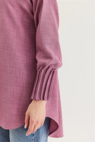 Keten Kumaş Kol Nervül Detaylı Gömlek Tunik Gül Kurusu