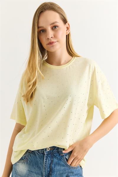Taş Detaylı Rahat Kalıp Premium Pamuk Tshirt Sarı