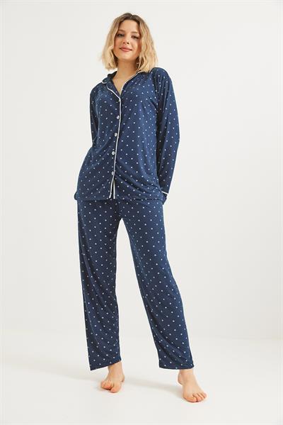 Düğmeli Uzun Kollu Pijama Takımı Lacivert