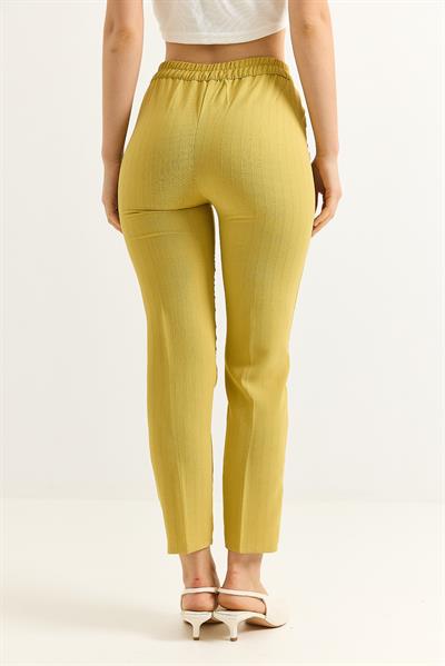 Beli Lastikli Çizgi Desenli Krep Pantolon Sarı