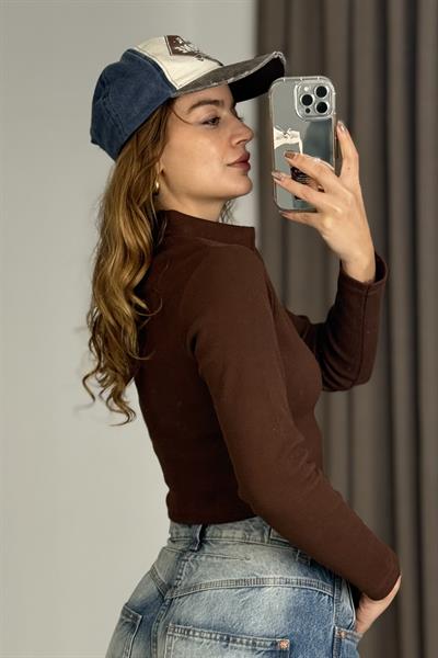 Kadın Polo Yaka Fitilli Crop Bluz Kahverengi
