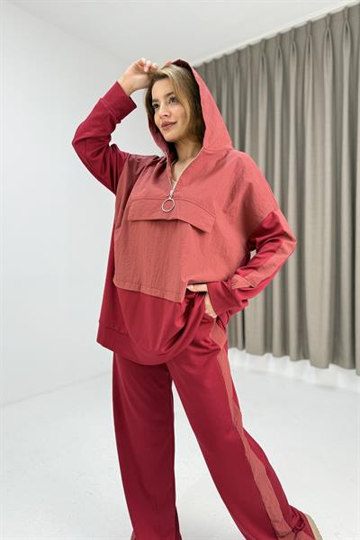 Kadın Beli Lastikli Yarım Fermuarlı Oversize Kpüşonlu Eşofman Takım Kırmızı