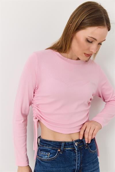 Yanları Büzgülü Uzun Kollu Pembe Bluz 