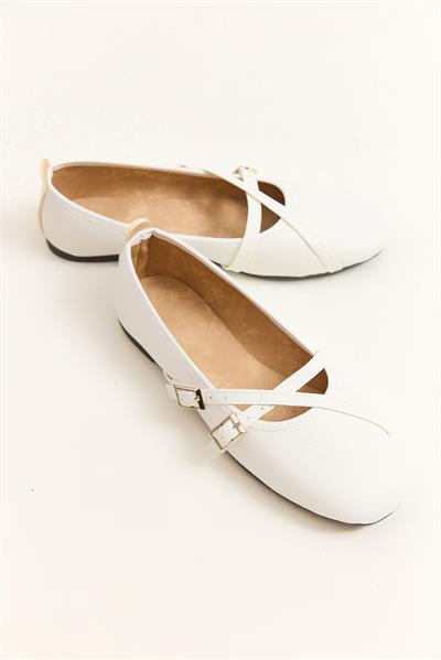 Çift Kemerli Minimal Tasarım Babet Beyaz