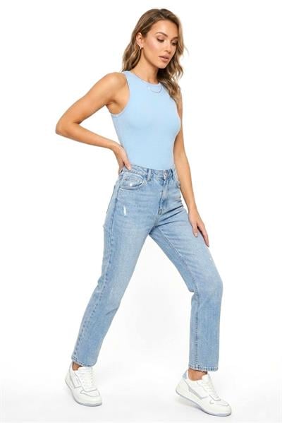 Kadın Alttan Çıtçıtlı Zıbın BisikletYaka Bluz Mavi