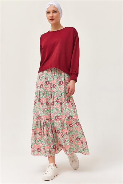 Çiçek Desenli Etekli İkili Takım Bordo