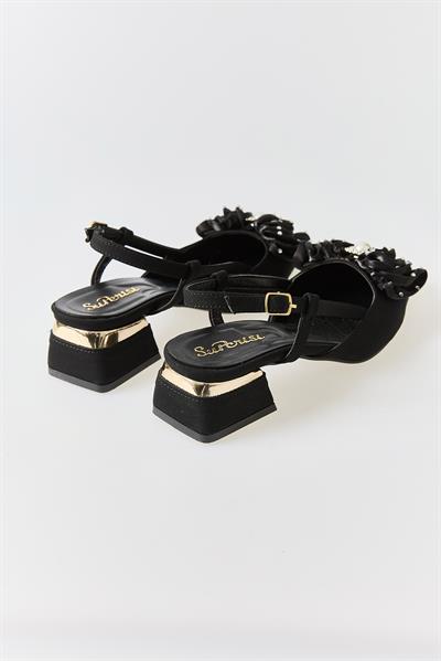 Kadın Büyük Fiyonklu Slingback Kısa Topuklu Ayakkabı Siyah