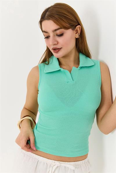 Sıfır Kol Polo Yaka Basıc Örme Kaşkorse Bluz Su Yeşili