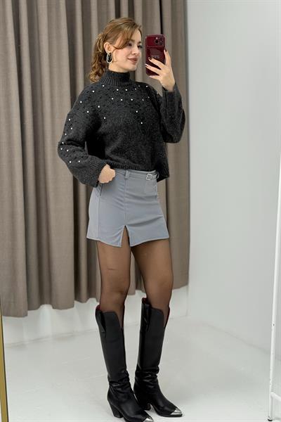 Kendinden Kemerli Yırtmaç Detaylı Şort Etek Gri