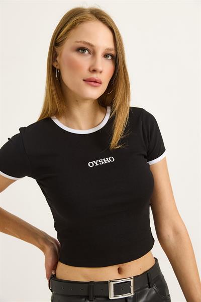 Bisiklet Yaka Nakışlı Crop Tshirt Siyah