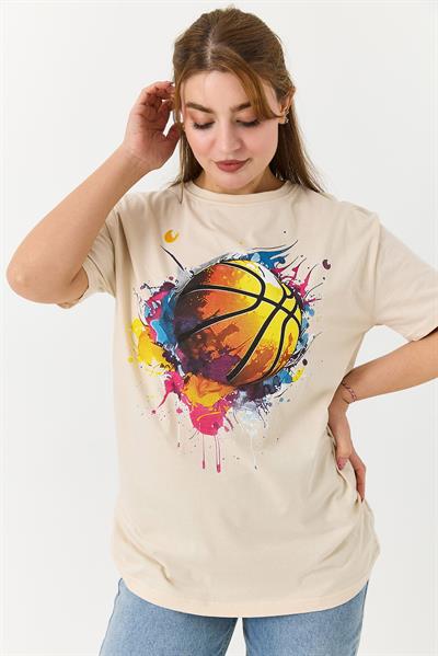 Kadın Basketbol Grafik Baskılı Günlük Tshirt  Krem