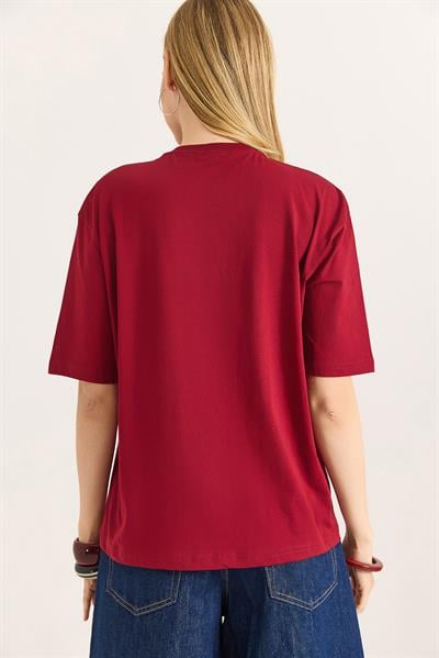 Kalp Detaylı  Oversize Kadın Tshirt Bordo