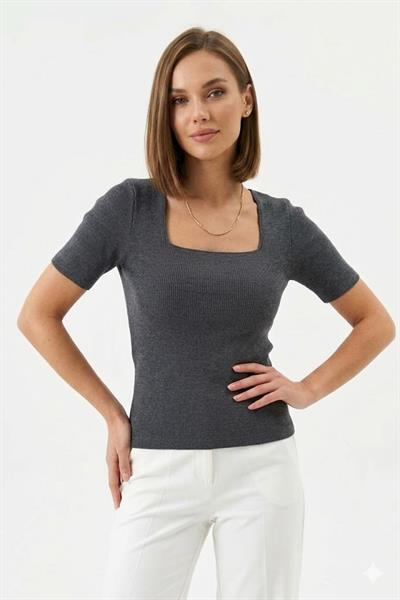 Kadın Kare Yaka Kaşkorse Crop Bluz Antrasit