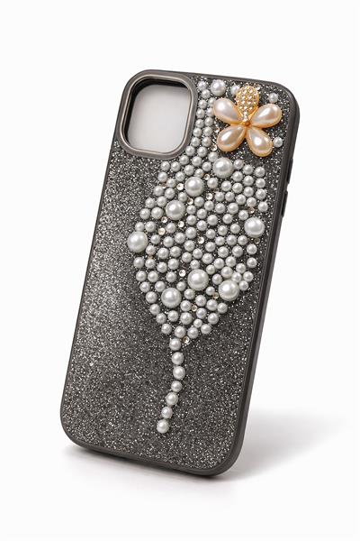 İphone 11 Uyumlu İnci ve Glitter Detaylı Kılıf Siyah