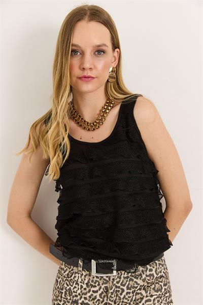 Sıfır Kollu Kat Görünümlü Bluz Siyah