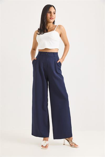 Yüksek Bel Bol Paça Pantalon Lacivert