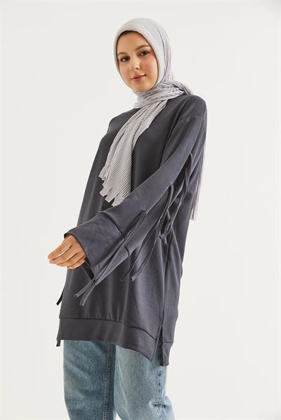 Kolları Bağcık Detaylı Tunik Füme