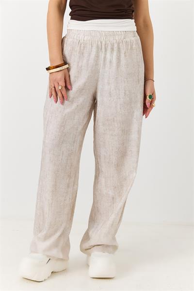 Kadın Desenli Beli Lastikli Bol Kesim Pantalon Bej 