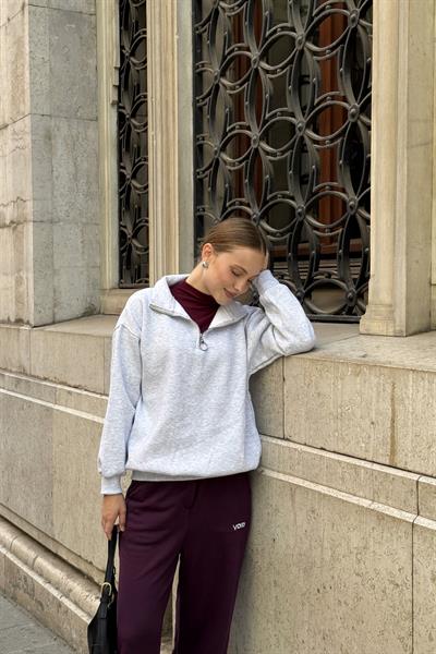 Yaka Fermuarlı 2 İplik Sweatshirt Gri