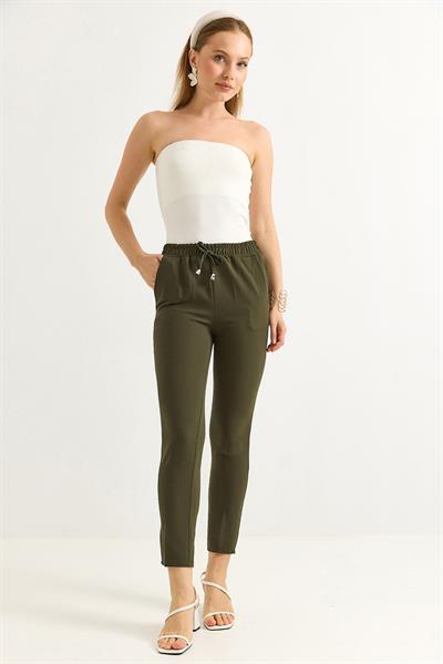 Beli Lastikli Kısa Paça Double Krep Pantolon Haki