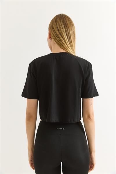 Karikatür Kuş Baskılı Pamuk Örme Crop Tshirt Siyah