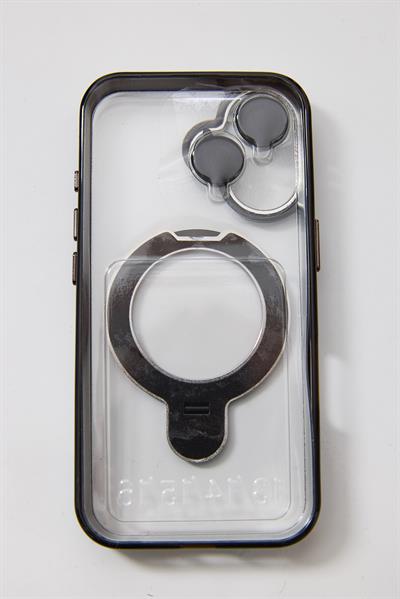 İphone 16 Plus Uyumlu Stand Tutucu Halka Şeffaf Telefon Kılıfı Gri