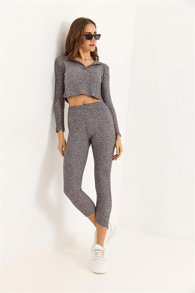 Kadın Polo Yaka İkili Fitilli Takım Gri
