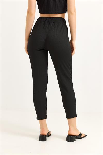 Bağlama Detaylı Bürümcük Örme Pantalon Siyah
