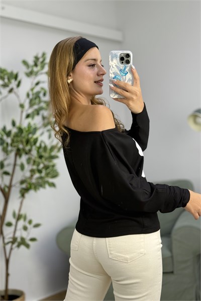Kayık Yaka Viskon 98 Baskılı  Uzun Kollu Tshirt Siyah
