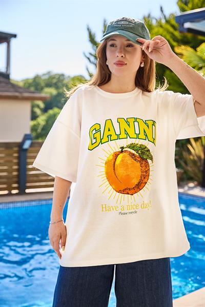 Bisiklet Yaka Baskılı Oversize Tshirt Krem